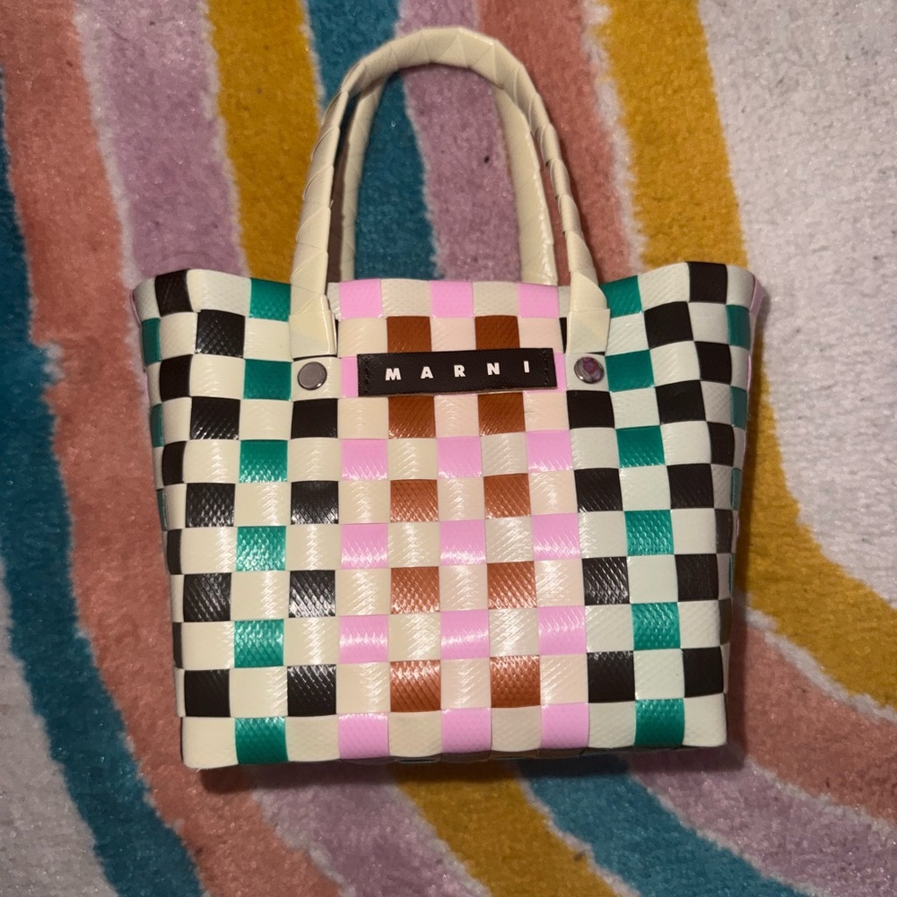 Marni Checkered Tote in Black, White, Pink, Brown, and Green